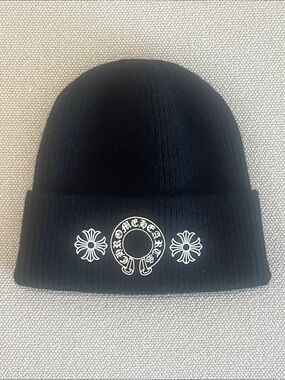 Chrome Hearts Black Beanie with White Logo Trio